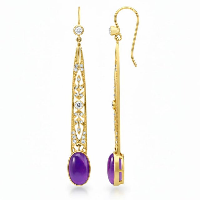 Vintage Inspired Amethyst Dangle Earrings with colorless topazes. Art Nouveau Style Amethyst Drop Earrings Silver, gold....