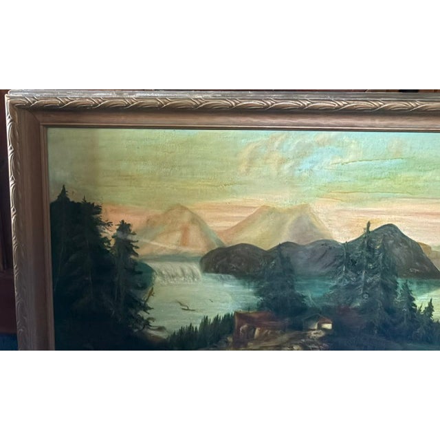 Cabin Antique Landscape Painting - Atmospheric Mountains Around a Camp For Sale - Image 3 of 13