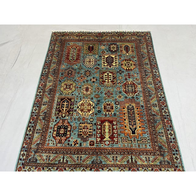 Art Deco Turquoise Kazak Style Tree of Life Rug - 4'9" X 6'3" For Sale - Image 3 of 10