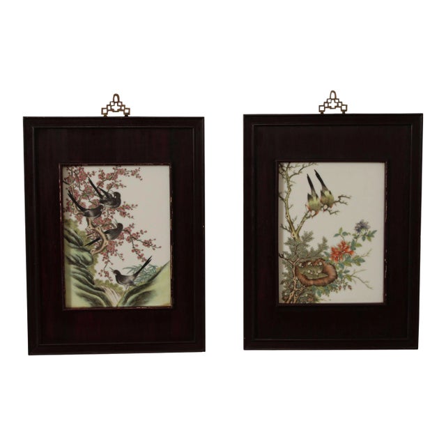 Vintage Chinese Pair of Hand Painted Porcelain Plaques For Sale