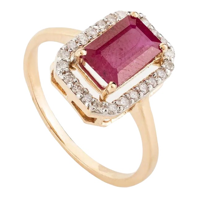 Octagon Cut Red Ruby Halo Diamond Ring Size 7 For Sale