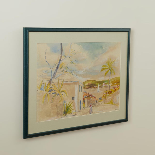 Transporting watercolor on paper of a view down a street with flowers and a figure, executed with fluidity and simplicity...