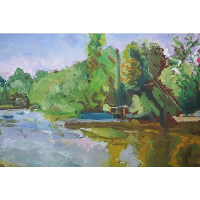 Plein air (painted on location) oil sketch below the petersham hotel by the river. Early autumn. Artist name: jackson...