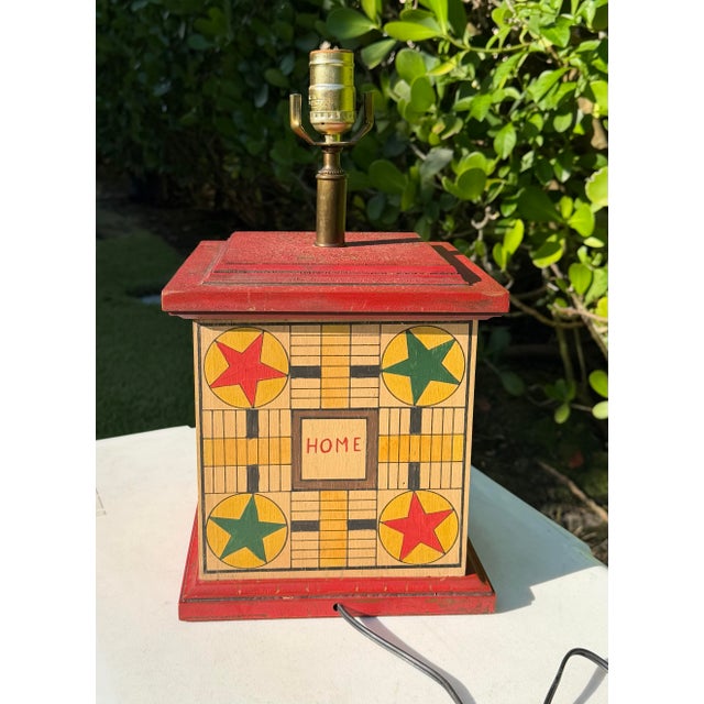 Yellow Vintage Folk Art Game Board Painted Wood Table Lamp For Sale - Image 8 of 11