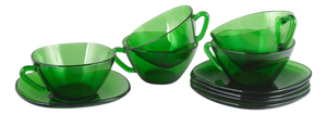 Green Glass Tea Cups with Matching Saucers from Vereco, 1980s, Set of 10