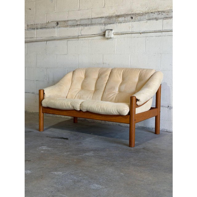 Wood Teak Beige Loveseat Settee Sofa Lounge Upholstered Furniture in Style of Domino Mobler Denmark 1960s For Sale - Image 7 of 10