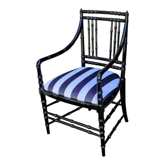 1950s Antique Faux Bamboo Armchairs in Black Lacquer and Striped Velvet Upholstery - Set of 2 For Sale - Image 10 of 13