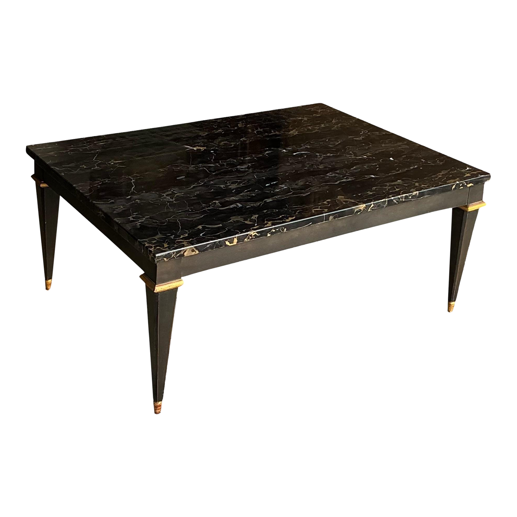 Neo-Classical Style Ebonized & Gilt Marble Top Coffee Table by