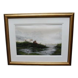 Martin Tanner, Cattle by the Lochside, 1987, Watercolour on Paper, Framed For Sale