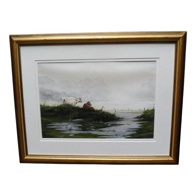 Martin Tanner, Cattle by the Lochside, 1987, Watercolour on Paper, Framed For Sale