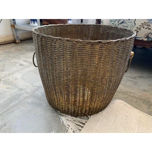 Mid-Century Modern Large Woven Brass Wire Basket Ring Handles For Sale - Image 3 of 12