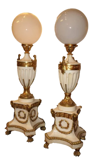 French Louis XVI Style White Marble and Bronze Floor Lamp Torchieres - A Pair