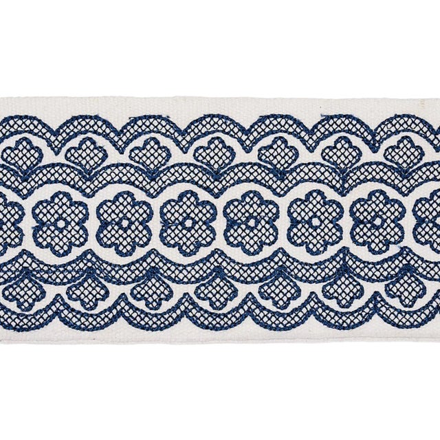 Schumacher Astrid Embroidered Tape in Blue For Sale