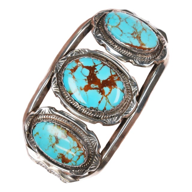 6.75" Vintage Native American sterling 3 turquoise cuff bracelet w/Brown matrix For Sale