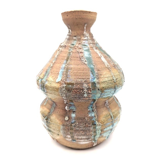 Offered is a vintage Mid 20th Century Raku drip-glazed earthenware studio pottery flared rim vessel that has a distinctive...
