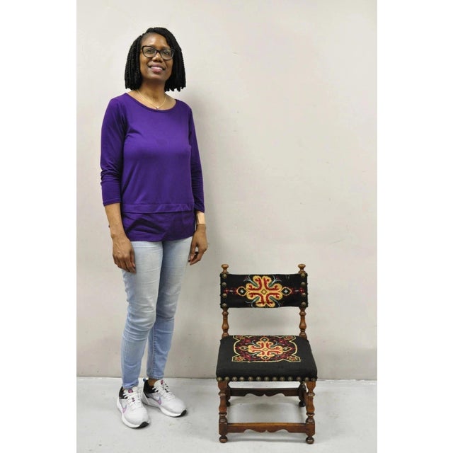 Antique Italian Renaissance Turn Carved Walnut Tapestry Small Childs Side Chair. Circa Late 19th Century. Measurements:...