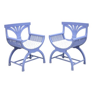 Vintage Hollywood Regency Italian Style Blue Curule X-Frame Arm Chair - A Pair For Sale