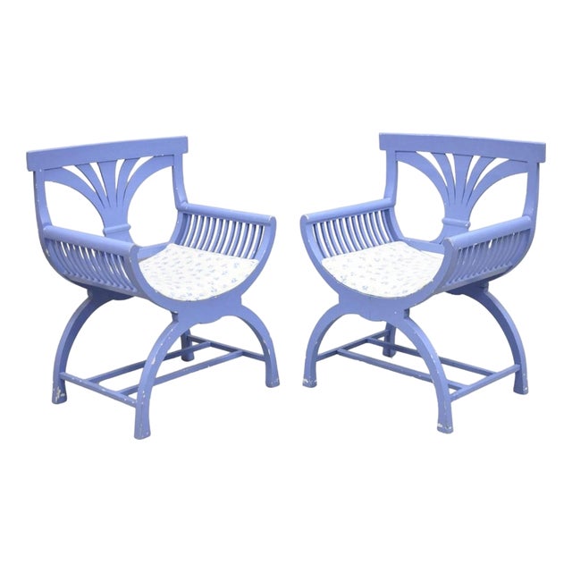 Vintage Hollywood Regency Italian Style Blue Curule X-Frame Arm Chair - A Pair For Sale