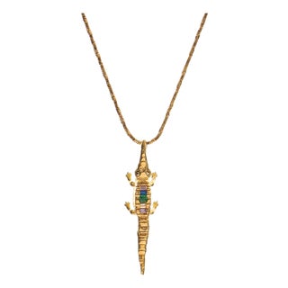 Guardian Crocodile Multicolor Crystal Gold Necklace For Sale