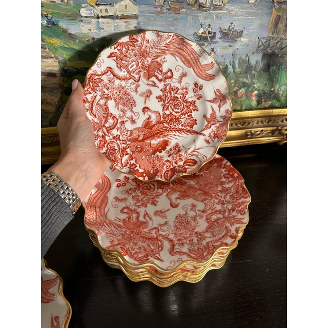 Late 20th Century Royal Crown Derby “Red Aves” Fluted Dessert Plates, 8.75” - Set of 12 For Sale - Image 12 of 12