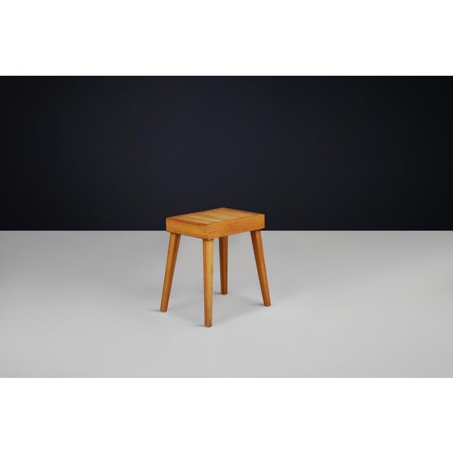 Handcrafted Mid-Century Modern Slatted Elmwood Stool or Side Table, France, 1960s : A charming and versatile mid-century...