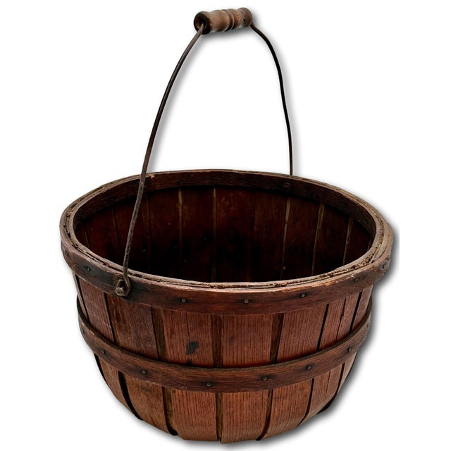 Great Antique American Hand Made Steam Bent Oak Maine Apple Farm Gathering Basket With Excellent Patina For Sale - Image 16 of 18