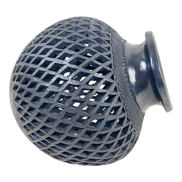 Hand-Carved Barro Negro Lattice Vessel, Sculptural Black Pottery Lantern Form For Sale