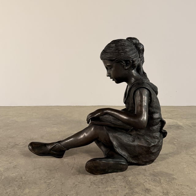 Brown Seated Bronze Girl Reading Sculpture – 21" H, Child With Book For Sale - Image 8 of 12