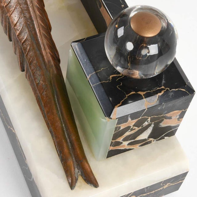 Metal Art Deco Bronze Pheasant Mantel Sculpture on Marble and Onyx Base For Sale - Image 7 of 9