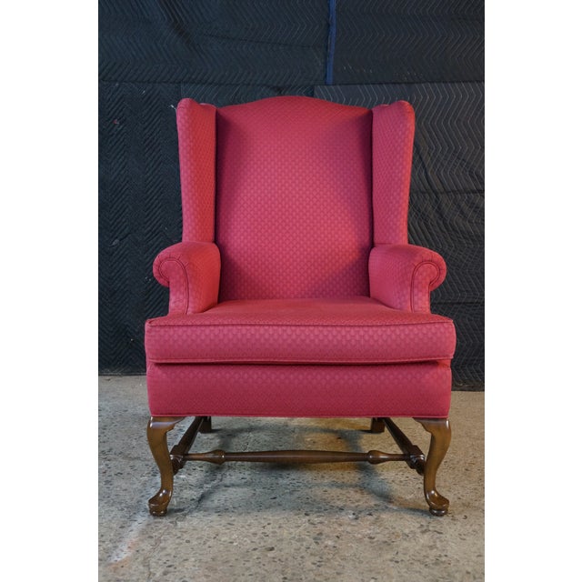 Wood Vintage Queen Anne Style Mahogany Wingback Club Library Accent Arm Chair Red For Sale - Image 7 of 18