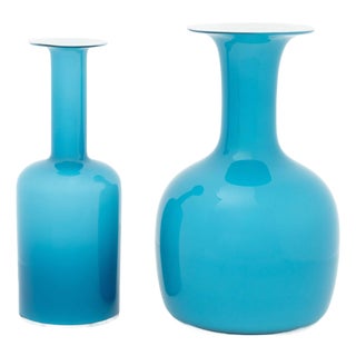 Kastrup Holmegaard Turquoise Blue Glass Vases, 2 For Sale