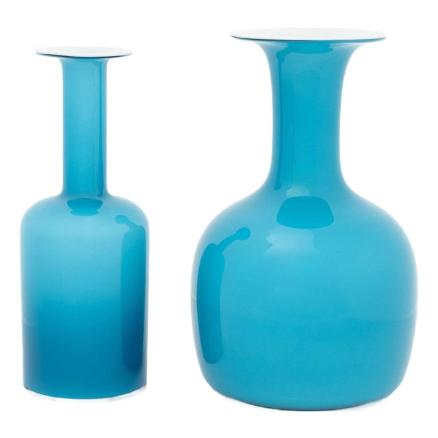 Kastrup Holmegaard Turquoise Blue Glass Vases, 2 For Sale