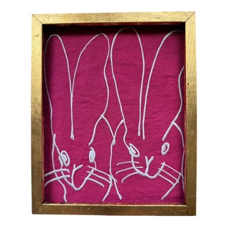 Contemporary Hunt Slonem Embroidered Bunnies Textile Repro Print in Antique Frame For Sale
