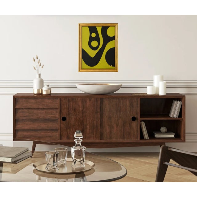 Original acrylic painting by Bryan Boomershine on canvas board featuring a bold modernist composition of organic black...