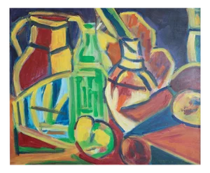 Follower of Karl Schmidt-Rottluff, Still Life with Bottles and Fruit,