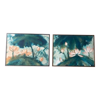 Pair of Vintage Batik Lotus Paintings, Signed, Teal and Coral Wall Art For Sale