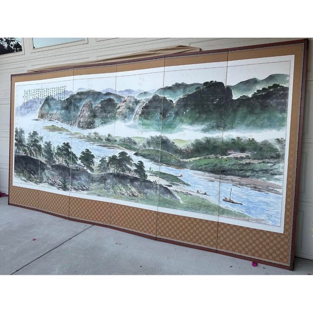 Mid 20th Century Monumental Chinese 6 Panel Hand-Painted Landscape Screen W/ Cranes & Calligraphy For Sale - Image 16 of 18