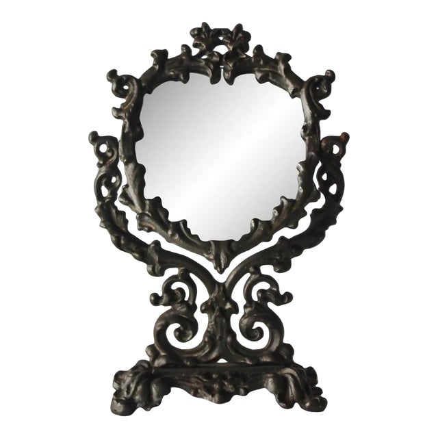 Vintage Ornate Victorian Style Cast Iron Adjustable Vanity Tabletop Mirror Mid-Century For Sale