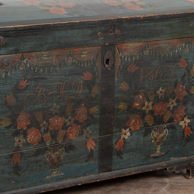 19th Century Swedish Original Painted Dome-Top Trunk, Dated 1863 For Sale - Image 11 of 15
