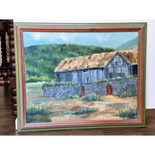 1960’s Pastoral / Architectural Folk Art Oil Painting on Faroe Islands For Sale - Image 14 of 14