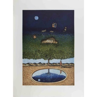 Franco Fortunato, Dreamlike Landscape with Tree, Moon, Lithograph, 1990s For Sale