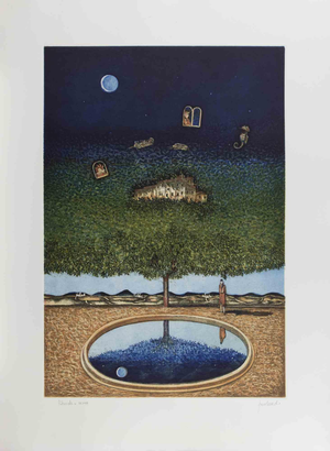Franco Fortunato, Dreamlike Landscape with Tree, Moon, Lithograph, 1990s