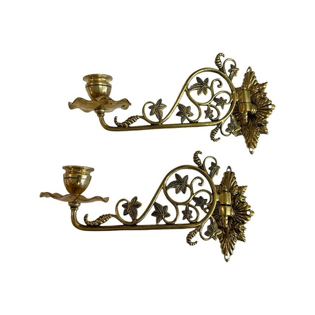Pair of Early 20th Century Brass Wall Mounted Swing Arm Candle Sconce. Leaf Shape Design Wall Plate. Arm Has Scrollwork...