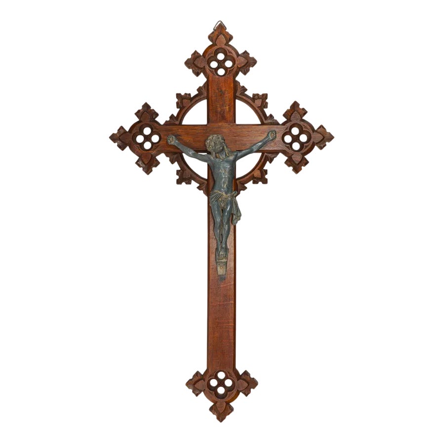 Antique Neo-Gothic Carved Oak Crucifix with Bronzed Spelter Corpus