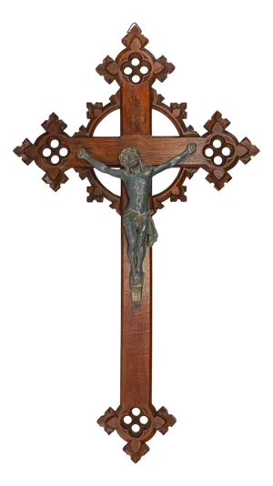 Antique Neo-Gothic Carved Oak Crucifix with Bronzed Spelter Corpus Christi, 19th Century