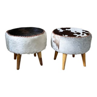 Pair Brown Cowhide Ottomans For Sale