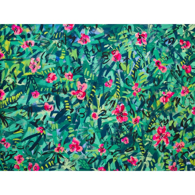 Rhododendron Hedge Modernist Painting in Pink and Green For Sale