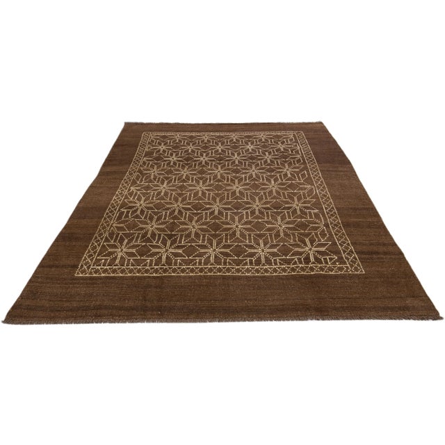 Tribal Brown Modern Moroccan Style Handmade Geometric Designed Wool Rug For Sale - Image 3 of 8