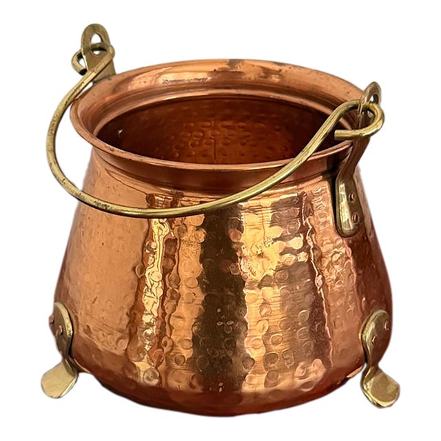 Vintage Hand Hammered Copper Cauldron Planter With Brass Handle and Feet For Sale