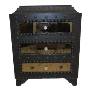 1990s Black Leather Stud Amber Speckled Mirrored Three Drawer Nightstand For Sale